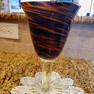 Tortoise Shell Style Blown Swirl Art Glass Wine Goblet Glass ~ Heavy